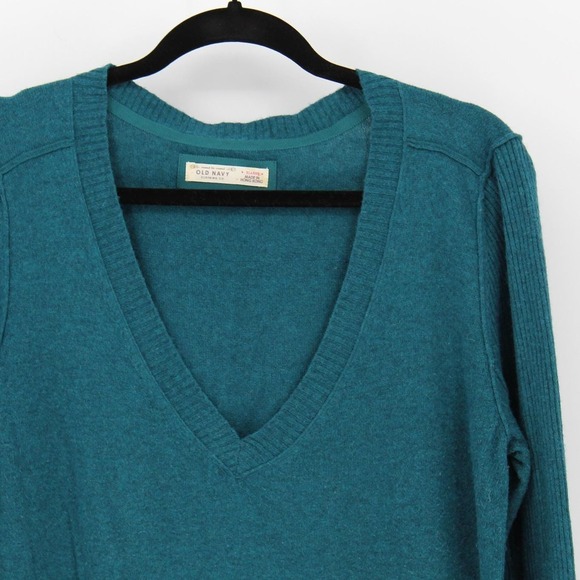 Vintage XL Teal Blue Wool Angora Blend Deep V-Neck Ribbed Sleeve Y2K Sweater - Picture 5 of 12